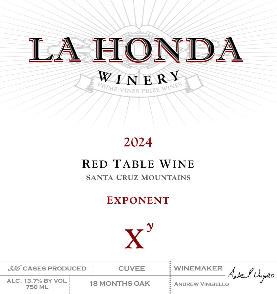 Wine Label For La Honda Winery’s 2024 Red Table Wine, Santa Cruz Mountains, Titled &Quot;Exponent X^y.&Quot; Includes Details: 336 Cases, 13.7% Alcohol, 18 Months Oak, 750 Ml, Winemaker Andrew Vingiello.