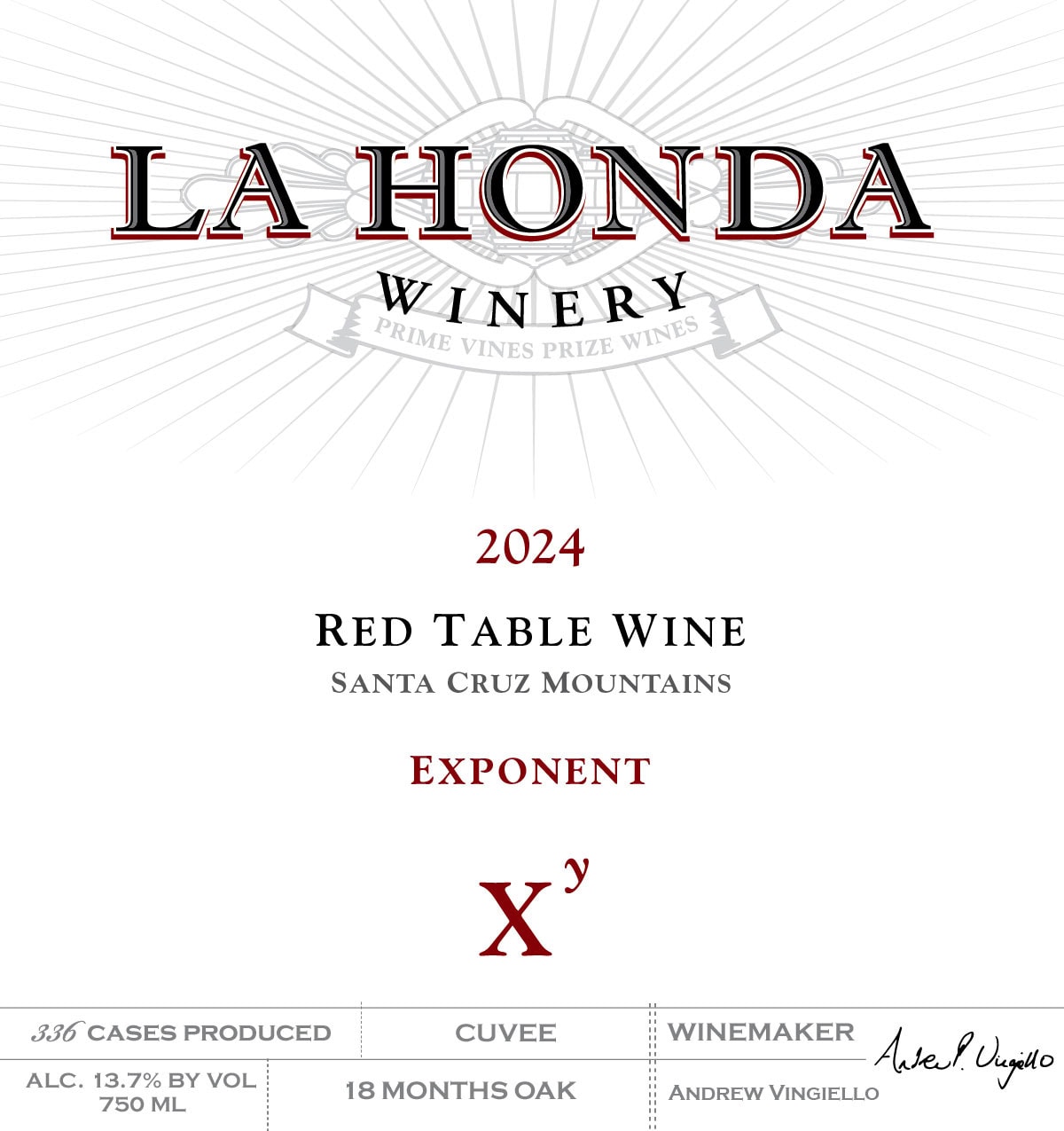 Wine Label For La Honda Winery’s 2024 Red Table Wine, Santa Cruz Mountains, Titled &Quot;Exponent X^y.&Quot; Includes Details: 336 Cases, 13.7% Alcohol, 18 Months Oak, 750 Ml, Winemaker Andrew Vingiello.