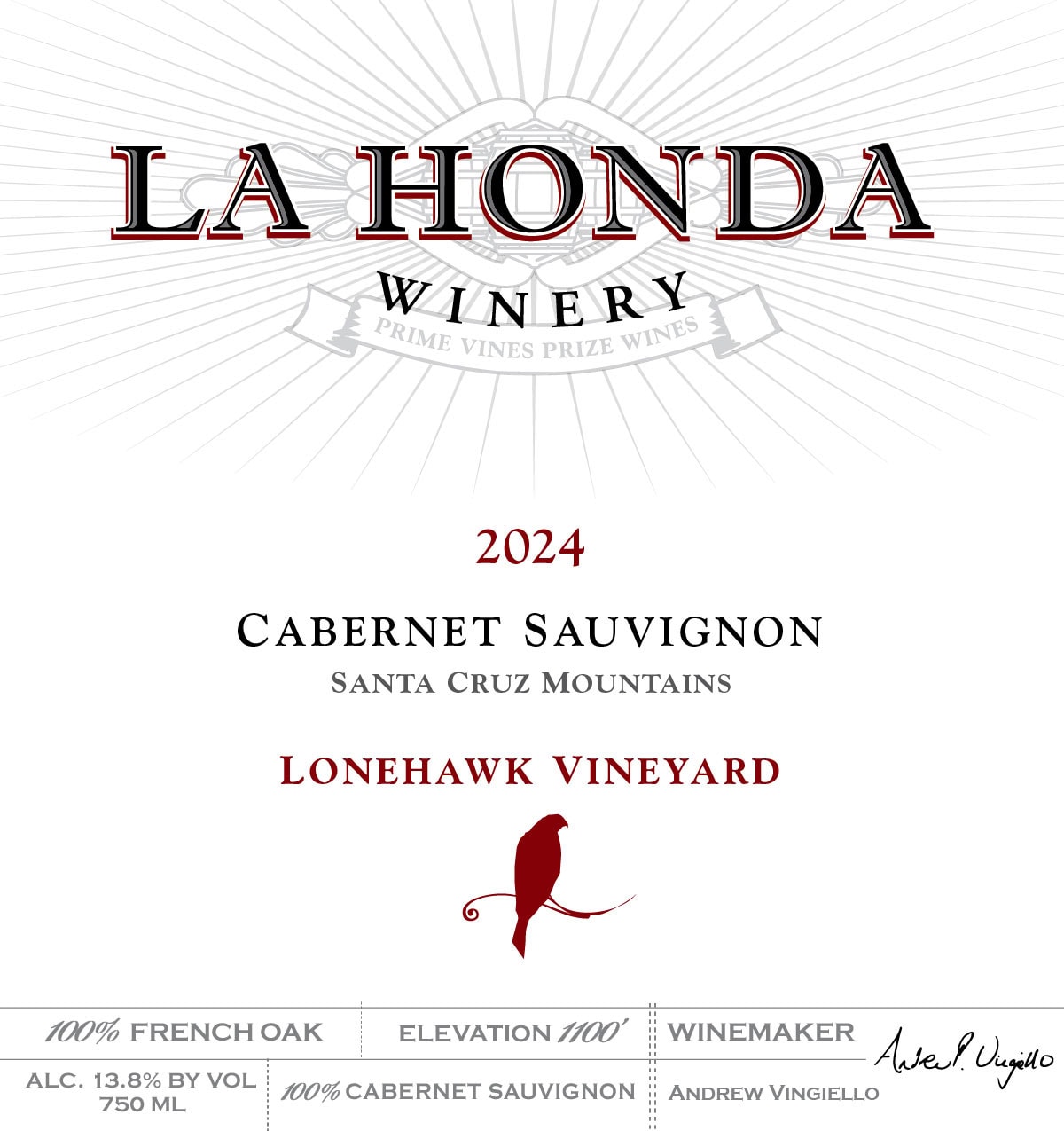 Wine Label For La Honda Winery'S 2024 Cabernet Sauvignon From Santa Cruz Mountains, Lonehawk Vineyard. The Label Notes 100% French Oak, 1100' Elevation, 13.8% Alcohol, 750Ml, And Winemaker Andrew Vingiello.