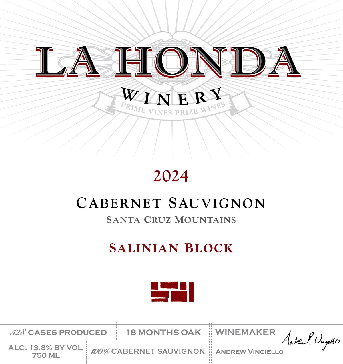 Wine Label For La Honda Winery, Featuring &Quot;2024 Cabernet Sauvignon, Santa Cruz Mountains, Salinian Block.&Quot; Details Include 528 Cases, 18 Months Oak, 13.8% Alc, 750Ml, Winemaker Andrew Vingiello.