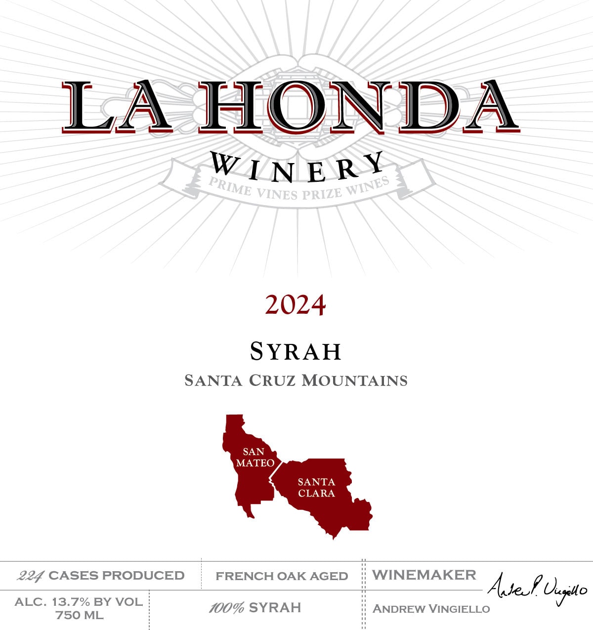 Wine Label For La Honda Winery, Featuring &Quot;2024 Syrah, Santa Cruz Mountains&Quot; With A Map Showing San Mateo And Santa Clara Counties. Wine Details, Winemaker'S Signature, And Production Info Appear At The Bottom.