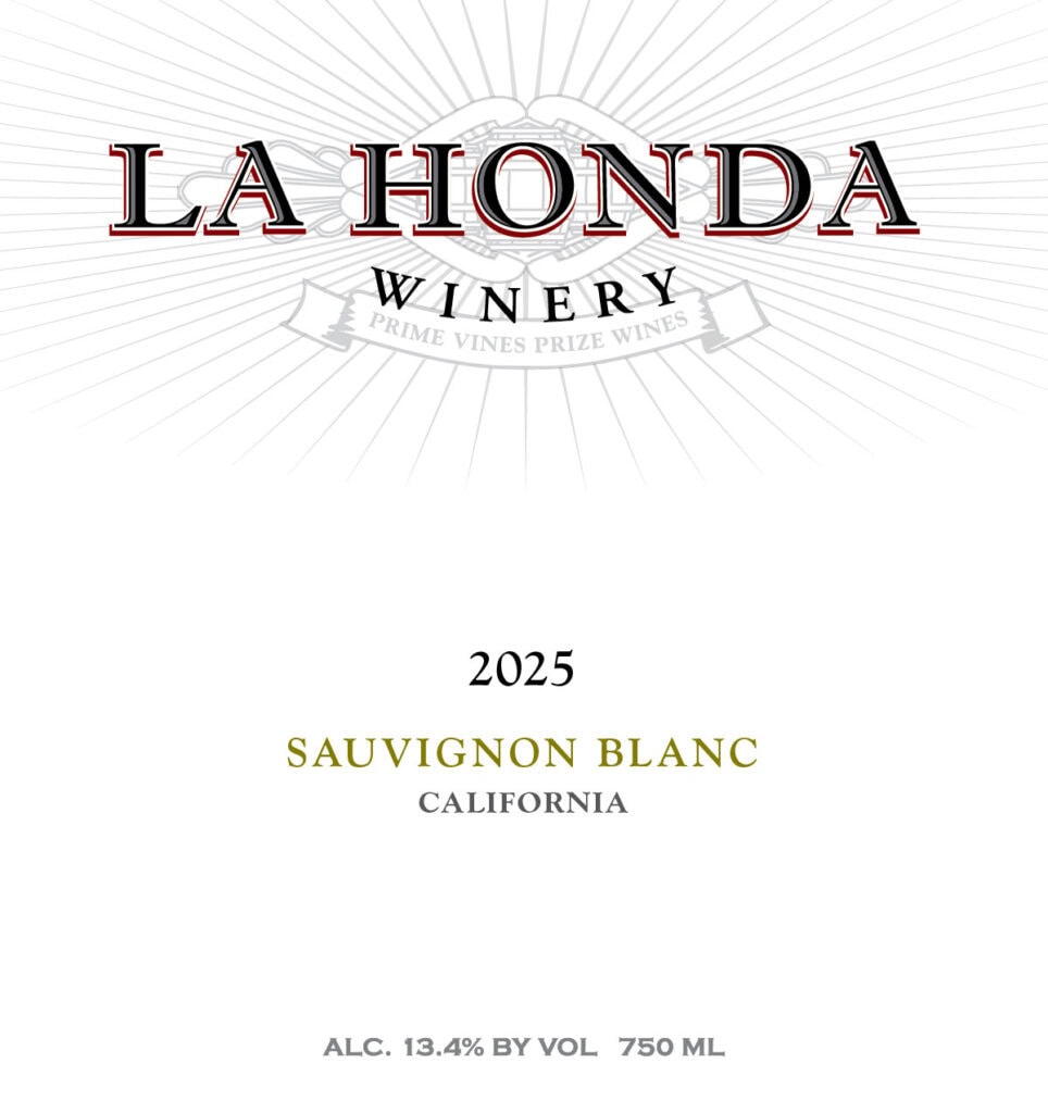 Wine Label For La Honda Winery Featuring &Quot;2025 Sauvignon Blanc, California&Quot; In Gold And Gray Text, With The Winery'S Logo And Sunburst Design In The Background. Details: 13.4% Alcohol By Volume, 750 Ml.