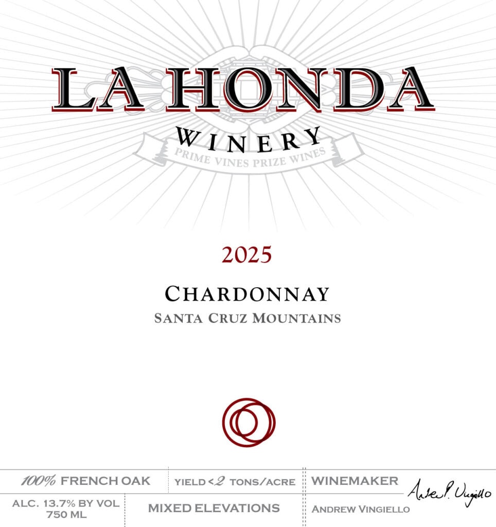 Wine Label For La Honda Winery. Text Includes &Quot;2025 Chardonnay, Santa Cruz Mountains.&Quot; Details: 100% French Oak, 13.7% Alcohol By Volume, Yield