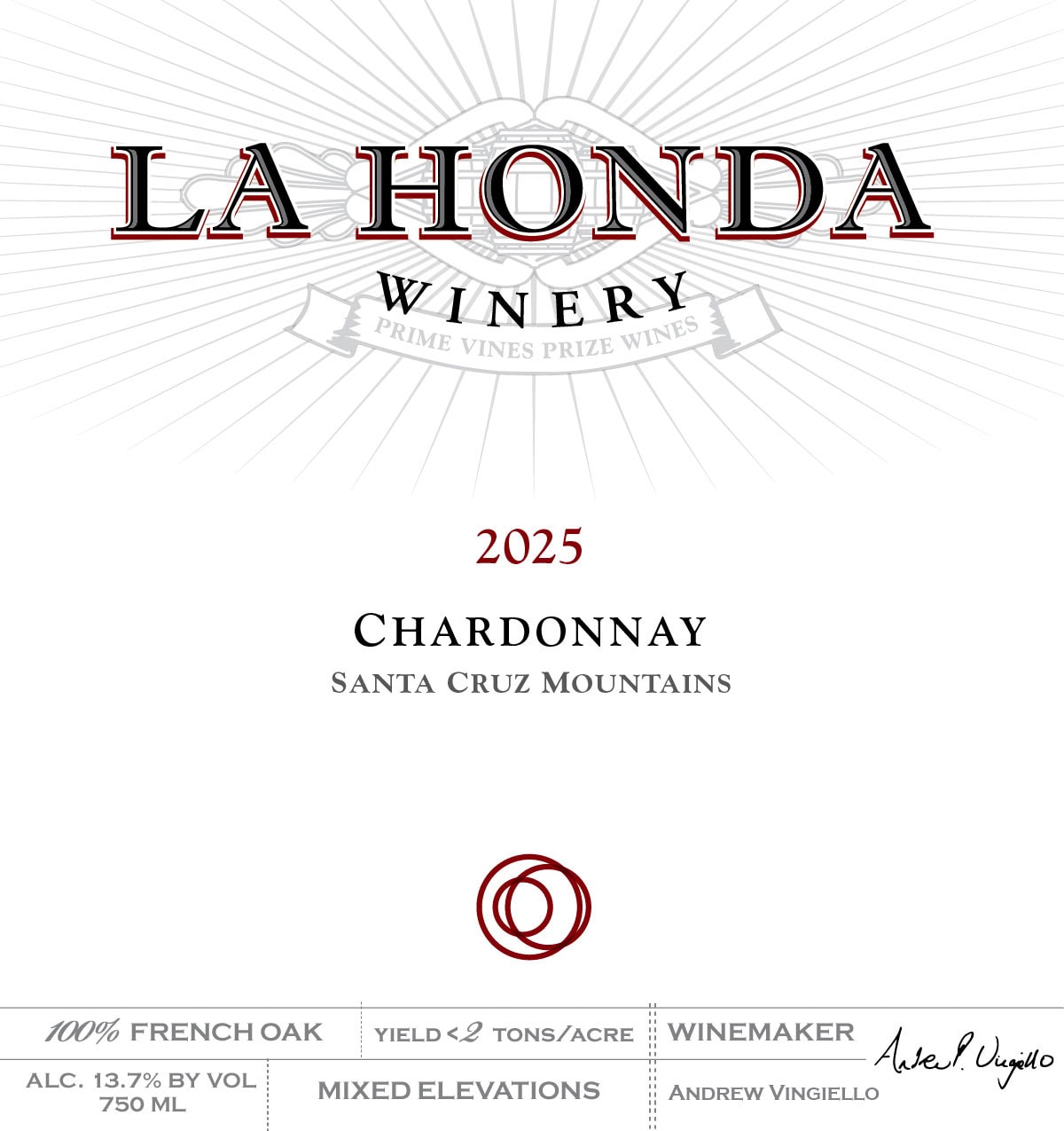 Wine Label For La Honda Winery. Text Includes &Quot;2025 Chardonnay, Santa Cruz Mountains.&Quot; Details: 100% French Oak, 13.7% Alcohol By Volume, Yield &Lt;2 Tons/Acre, Mixed Elevations, Winemaker Andrew Vingiello.